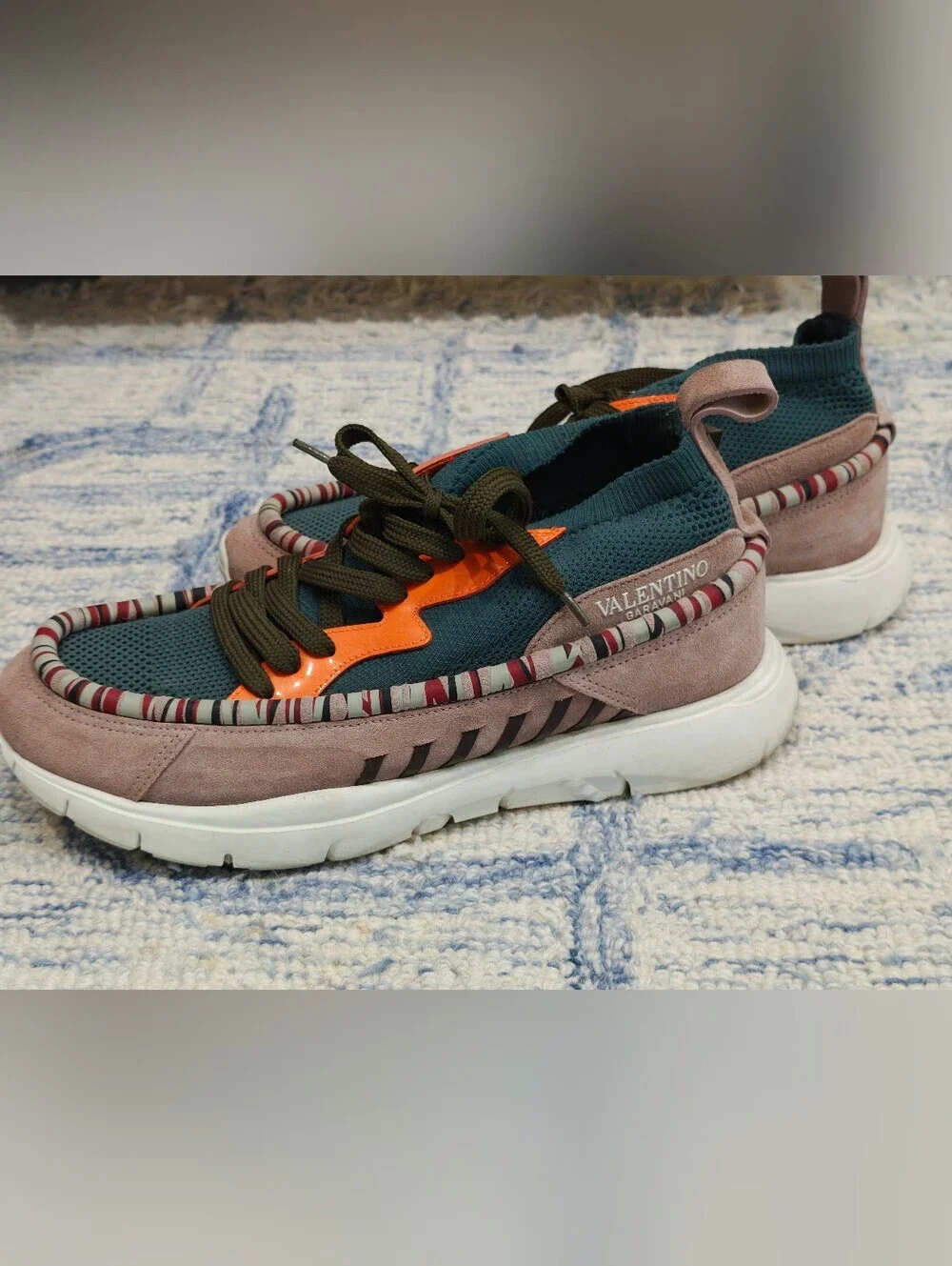 RARE Valentino Garavani Teal Knit Sneakers with Orange Panel and Pink Suede Trim
